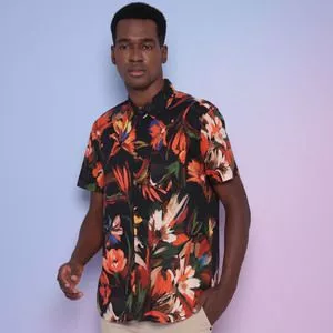 Camisa Regular Fit Floral<BR>- Preta & Laranja<BR>- Osklen