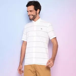 Camisa Slim Fit Listrada Com Bordado<BR>- Branca & Cinza Claro