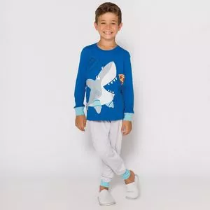Pijama Tubarão<BR> - Azul & Branco <BR>- Evanilda