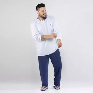 Pijama Liso Com Calça Lisa<BR> - Branco & Azul Marinho <BR>- Evanilda