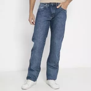 Calça Jeans Reta Estonada Com Bordado<BR>- Azul