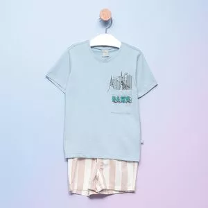 Conjunto De Camiseta & Bermuda Listrada<BR>- Azul & Rosa Claro