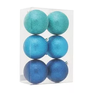 Jogo De Bolas Decorativas Com Glitter<BR>- Azul & Azul Turquesa<BR>- 6Pçs<BR>- Ø10cm<BR>- Cromus