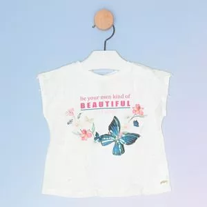 Blusa Beautiful Com Paetês & Renda<BR>- Off White & Azul