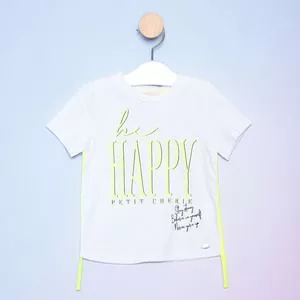 Camiseta Be Happy Com Viés<BR>- Branca & Verde Neon
