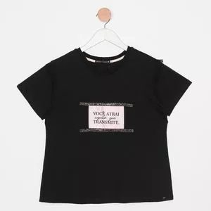 Camiseta Com Inscrições<BR>- Preta & Rosa Claro<BR>- Vanilla Cream