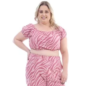 Cropped Ombro A Ombro Animal Print<BR>- Rosa & Rosa Claro<BR>- Kaelly Plus Size