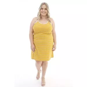 Vestido Curto Com Amarração<BR>- Amarelo & Off White<BR>- Kaelly Plus Size