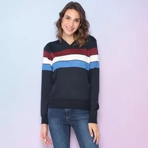 Suéter Em Tricô Listrado<BR>- Azul Marinho & Vermelho