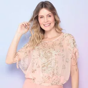 Cropped Floral<BR>- Rosa Claro & Marrom