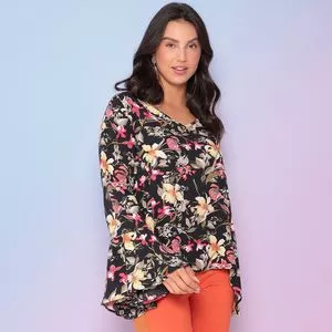 Blusa Floral<BR>- Preta & Coral<BR>- Linho Fino