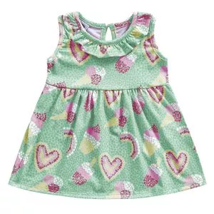 Vestido Infantil Corações<BR>- Verde Claro & Pink