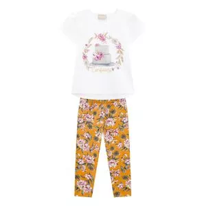 Conjunto Infantil De Blusa & Legging Floral<BR>- Branco & Amarelo