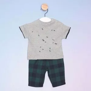 Conjunto Infantil De Camiseta & Bermuda Xadrez<BR>- Cinza & Verde Escuro
