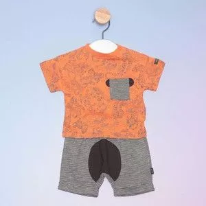Conjunto Infantil De Camiseta Animais & Bermuda<BR>- Laranja & Cinza