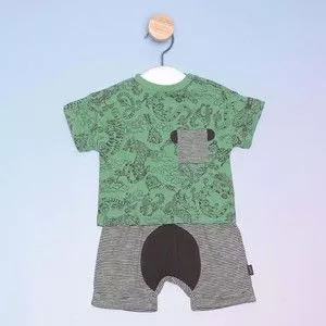 Conjunto Infantil De Camiseta Animais & Bermuda<BR>- Verde & Cinza