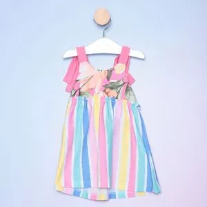Vestido Infantil Floral Com Amarração<BR>- Rosa & Amarelo<BR>- Costão Fashion