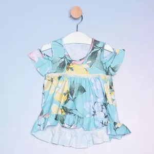 Blusa Infantil Floral Com Franjas & Babados<BR>- Verde Água & Amarela<BR>- Costão Fashion
