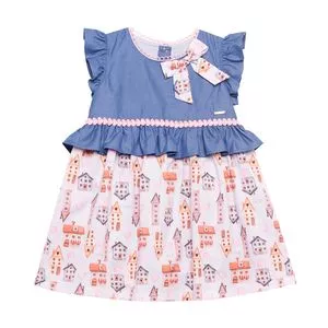 Vestido Infantil Casinhas<BR>- Azul & Off White<BR>- Pinoti Baby & Kids