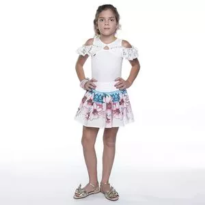Conjunto Infantil De Blusa & Saia<BR>- Branco & Rosa Claro