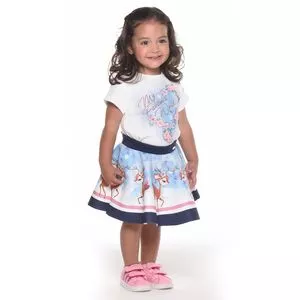 Conjunto Infantil De Blusa & Saia<BR>- Branco & Azul Marinho