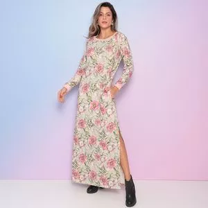 Vestido Longo Com Fendas Floral<BR>- Rosa Claro & Verde<BR>- Confra Lovers