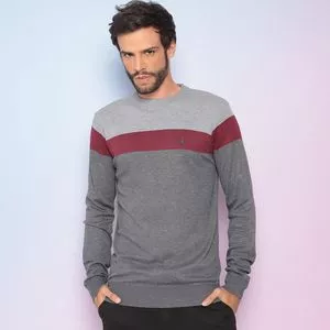 Suéter Em Mescla<BR>- Cinza & Bordô