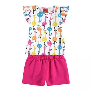 Conjunto Infantil De Blusa Flamingos & Short<BR>- Branco & Pink<BR>- Kyly