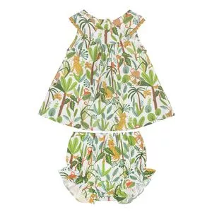 Vestido Infantil Floresta Tropical<BR>- Branco & Verde