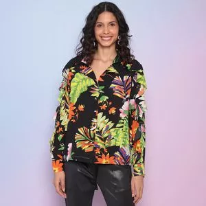 Camisa Floral Com Babado<BR>- Preta & Laranja