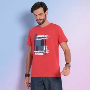 Camiseta Geométrica<BR>- Vermelha & Azul Marinho