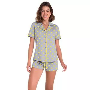 Pijama Poá<BR>- Cinza Escuro & Amarelo<BR>- Veggi