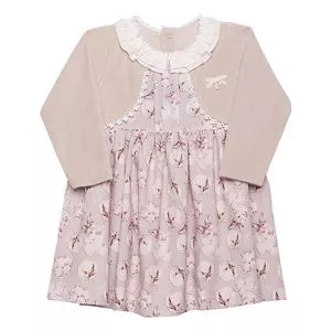Vestido Infantil Floral & Coelhas<BR>- Bege & Off White<BR>- Pinoti Baby & Kids