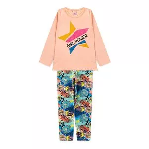 Conjunto Infantil De Camiseta Girl Power & Legging<BR>- Rosa & Verde Água<BR>- Laluna