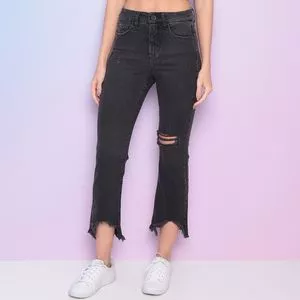 Calça Jeans Cropped Destroyed<BR>- Preta