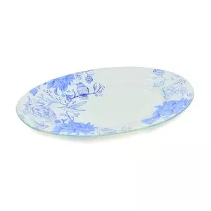 Travessa Encantos Floral<BR>- Branca & Azul<BR>- Ø23,5cm<BR>- Decor Glass