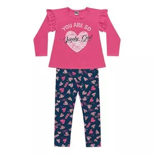 Conjunto Infantil De Blusa Com Inscrições & Legging Corações<BR>- Pink & Azul Marinho