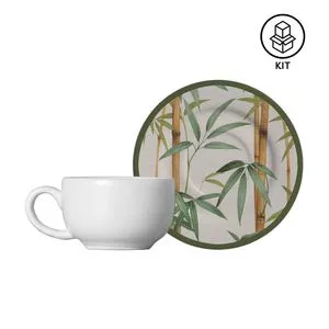 Jogo De Xícaras Para Café Com Pires Bambu<BR>- Verde & Bege<BR>- 6Pçs<BR>- 80 ml<BR>- Alleanza Cerâmica