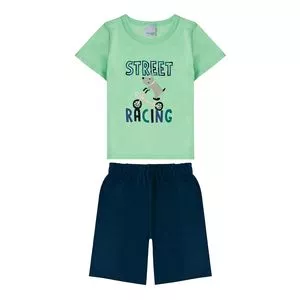 Conjunto Camiseta Cachorrinho & Bermuda Lisa<BR>- Verde Claro & Azul Marinho<BR>- Malwee