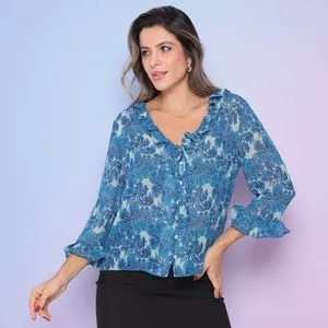 Camisa Com Amarração<BR>- Azul Claro & Off White