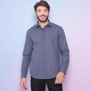 Camisa Slim Fit Xadrez<BR>- Azul Marinho & Branca