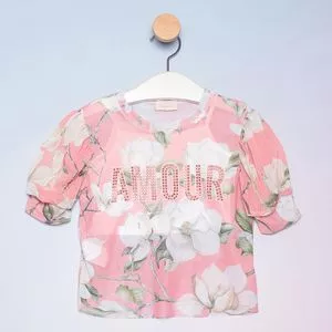 Conjunto Infantil De Blusa Floral & Cropped<BR>- Rosa & Branco