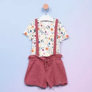 Conjunto Infantil De Blusa Floral & Jardineira Mescla<BR>- Off White & Vermelho Escuro