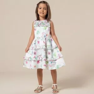 Vestido Infantil Floral Com Babados<BR>- Branco & Pink<BR>- Kukixo