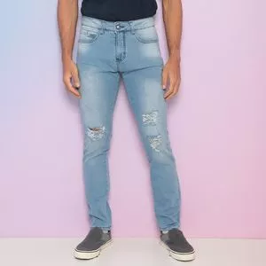 Calça Jeans Reta Com Puídos<BR>- Azul Claro
