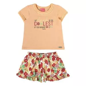 Conjunto Infantil De Blusa Com Inscrição & Short Emojis<BR>- Laranja Claro & Vermelho<BR>- Kely e Kety