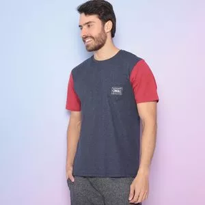 Camiseta Em Mescla Com Bolso<BR>- Azul Marinho & Vermelha