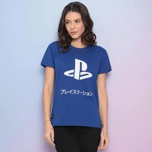 Camiseta Playstation®<BR>- Azul & Branca<BR>- Play Station