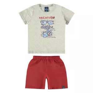 Conjunto Infantil De Camiseta Vacation & Bermuda<BR>- Cinza Claro & Vermelho<BR>- Romitex