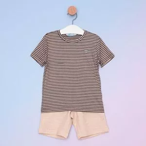 Conjunto Infantil De Camiseta Listrada & Bermuda<BR>- Bege & Marrom Escuro<BR>- Oliver